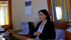 Angell Summers wearing glasses condom fingering in office